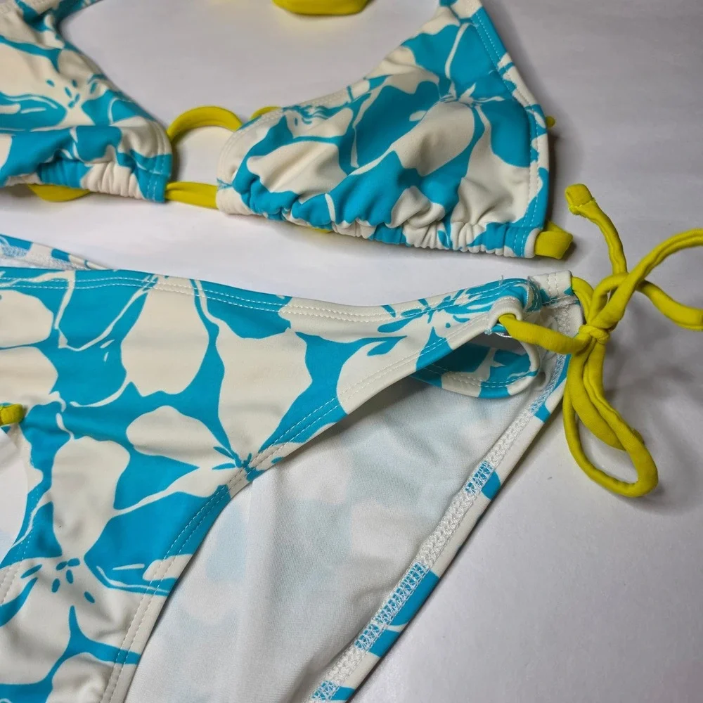 Athleta Bikini Set Medium Blue Floral Tropical Hibiscus Y2K Coastal Swim Suit - Picture 2 of 7